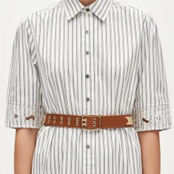 Grommet belt in leather and faux raffia