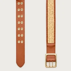 Grommet belt in leather and faux raffia