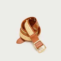 Grommet belt in leather and faux raffia