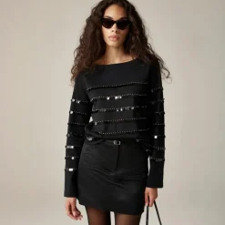 Heavy jersey long-sleeve T-shirt with paillette embellishment