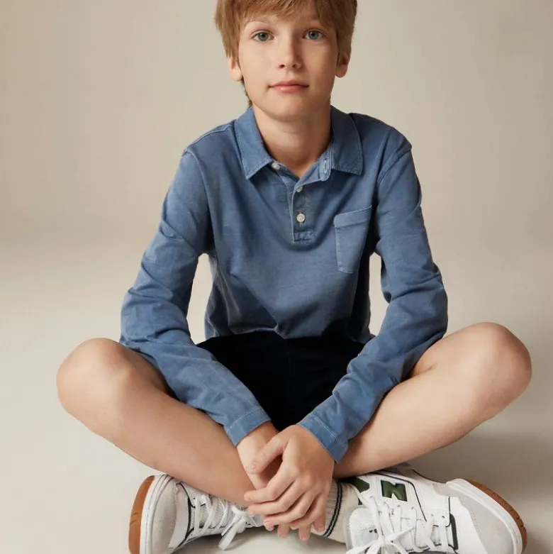 Kids' garment-dyed long-sleeve polo shirt in broken-in-jersey