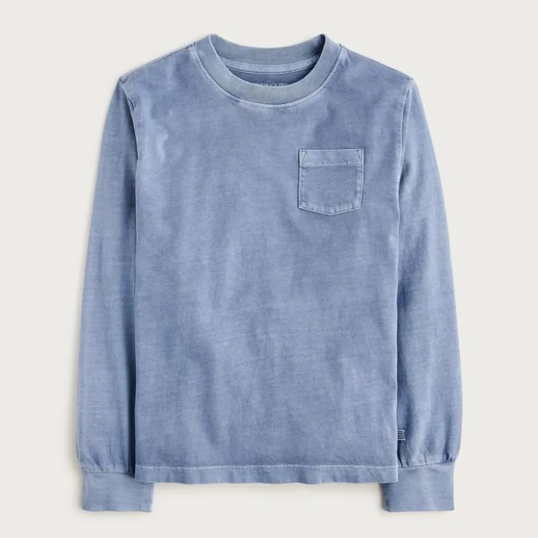 Kids' long-sleeve garment-dyed pocket T-shirt in broken-in-jersey
