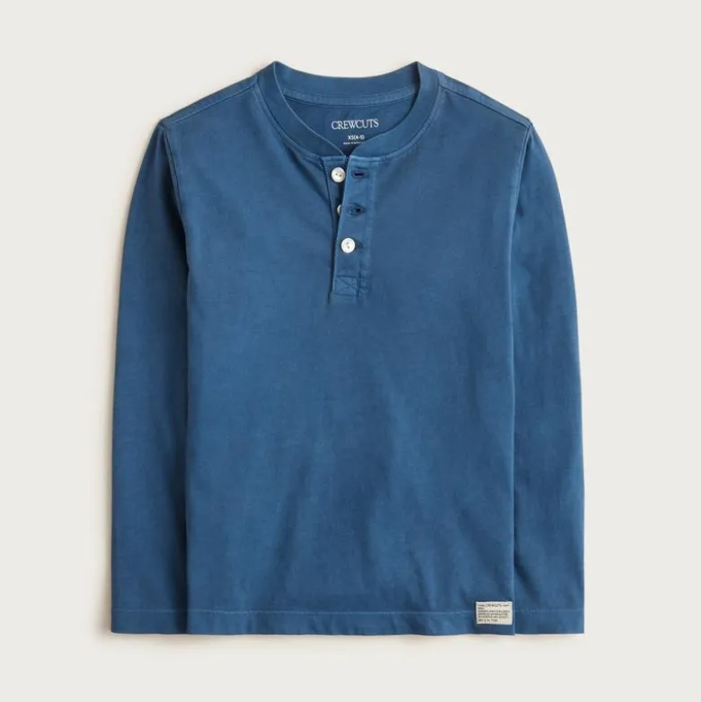 Kids' long-sleeve garment-dyed henley T-shirt in broken-in-jersey