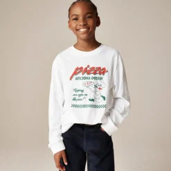 Kids' long-sleeve "Pizza aficiona-dough" graphic T-shirt