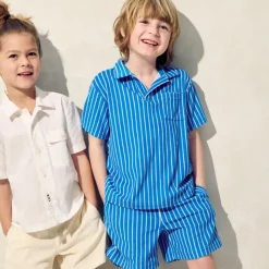 Kids' short-sleeve johnny-collar shirt in towel terry