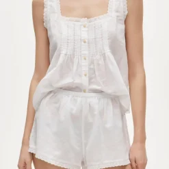 Lace-trim camisole and pajama short set in linen-cotton blend