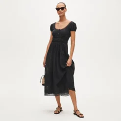 Lace-trim pintuck midi dress in cotton dobby