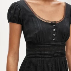 Lace-trim pintuck midi dress in cotton dobby