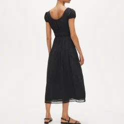 Lace-trim pintuck midi dress in cotton dobby