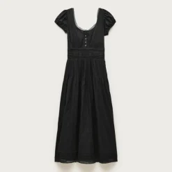 Lace-trim pintuck midi dress in cotton dobby