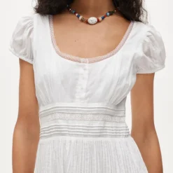 Lace-trim pintuck midi dress in cotton dobby