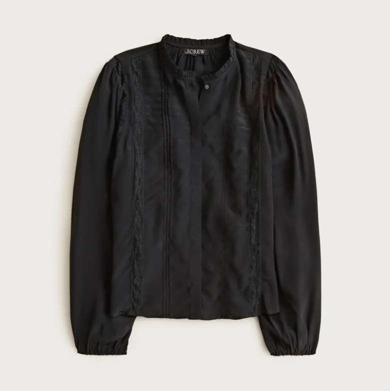 Lace-trim pintuck top in crepe de chine