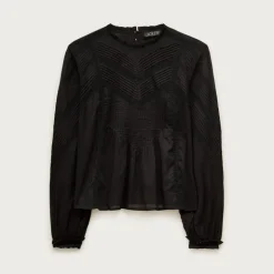 Lace-trim pintuck top in cotton voile