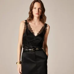 Lace-trim tank top in luster charmeuse