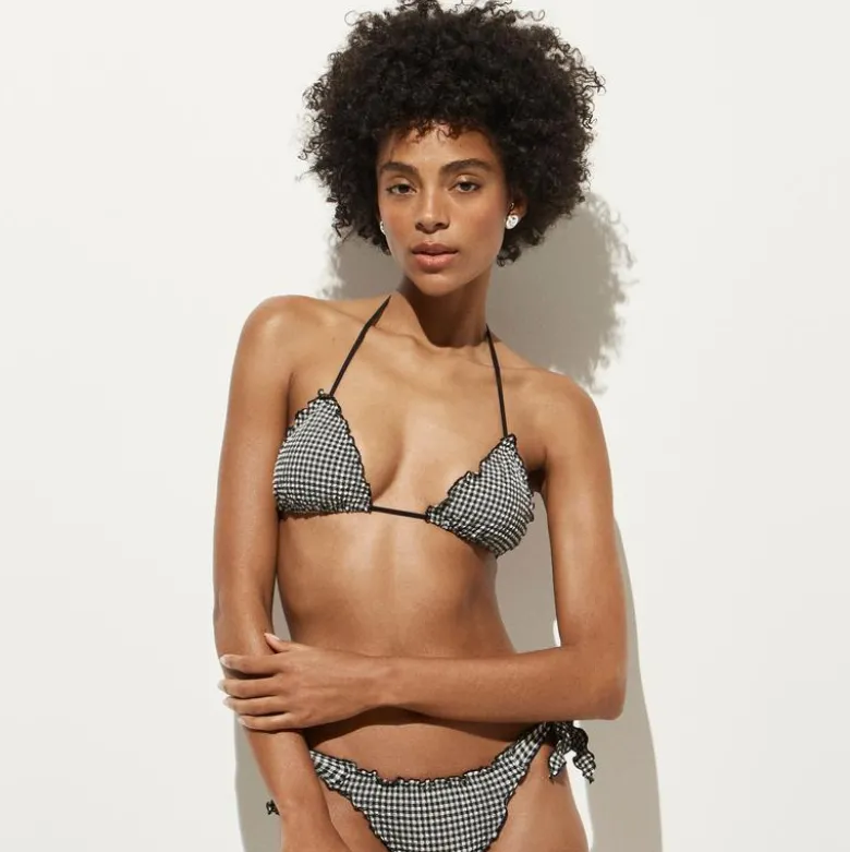 Lettuce-trim string bikini top in gingham