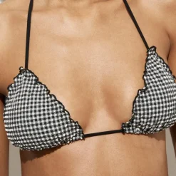 Lettuce-trim string bikini top in gingham