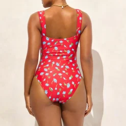 Long-torso Nia ruched squareneck one-piece in brushed daisy print