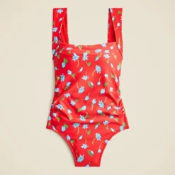 Long-torso Nia ruched squareneck one-piece in brushed daisy print
