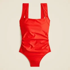 Long-torso ruched squareneck one-piece swimsuit