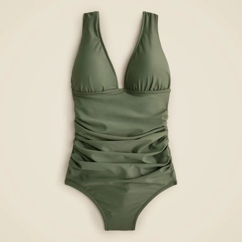 Long-torso ruched V-neck one-piece