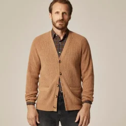 Midweight heathered cashmere ribbed V-neck cardigan
