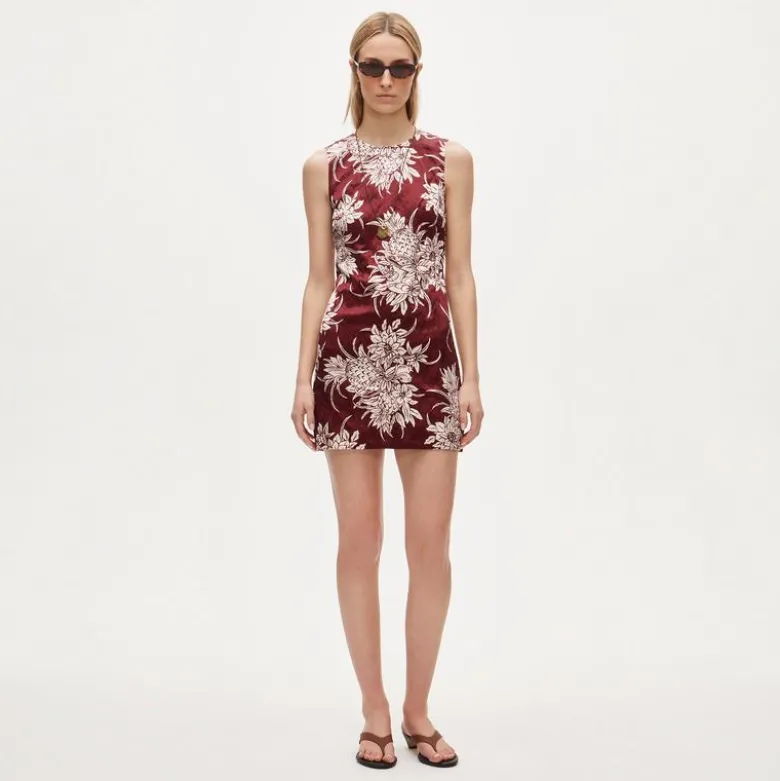 Mini shift dress in pineapple garden–print memory satin