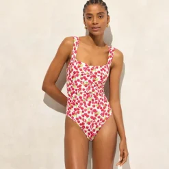 Nia ruched squareneck one-piece swimsuit in raspberry print