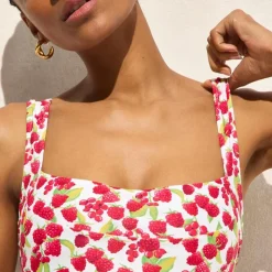 Nia ruched squareneck one-piece swimsuit in raspberry print