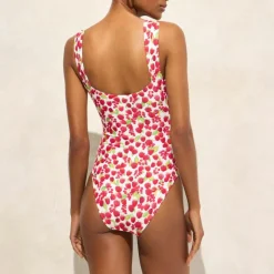 Nia ruched squareneck one-piece swimsuit in raspberry print