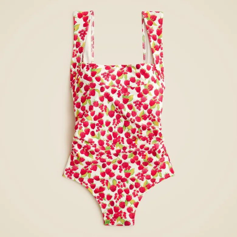Nia ruched squareneck one-piece swimsuit in raspberry print