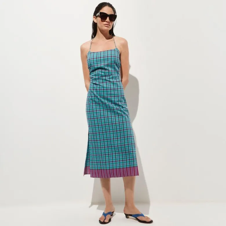 Open-back beach dress in Indian madras cotton