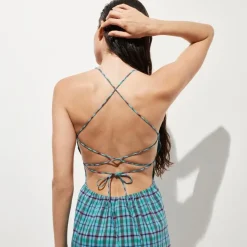 Open-back beach dress in Indian madras cotton