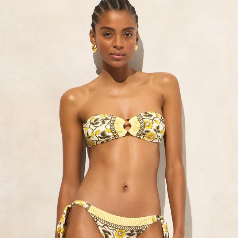 O-ring bandeau bikini top in daffodil daze block print