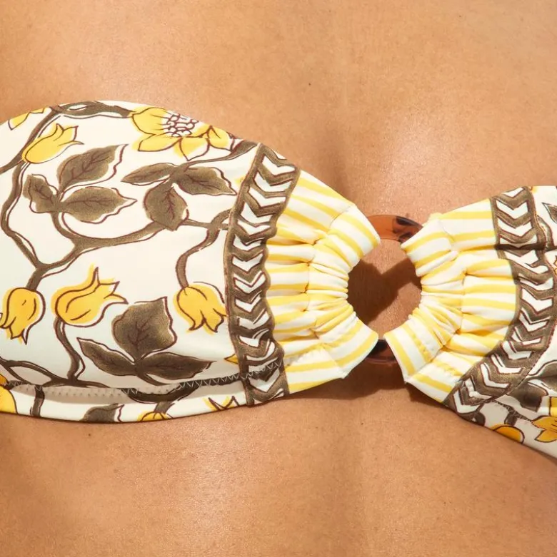 O-ring bandeau bikini top in daffodil daze block print