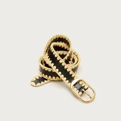 Oval buckle belt in leather and faux raffia