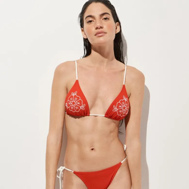 Perfect embroidered contast-trim string bikini top