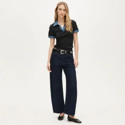 Perfect rib johnny-collar top with denim trim