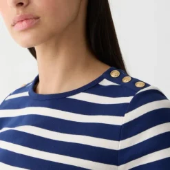 Perfect-fit elbow-sleeve T-shirt in stripe with gold buttons