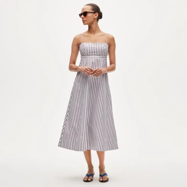 Petite empire-waist dress in striped cotton poplin