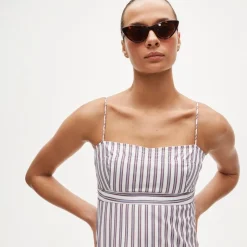 Petite empire-waist dress in striped cotton poplin