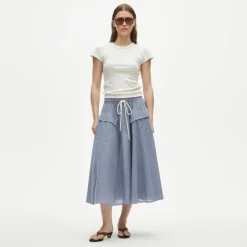 Petite patch-pocket midi skirt in gingham cotton madras