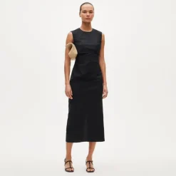 Petite ruched midi dress in stretch cotton-blend poplin