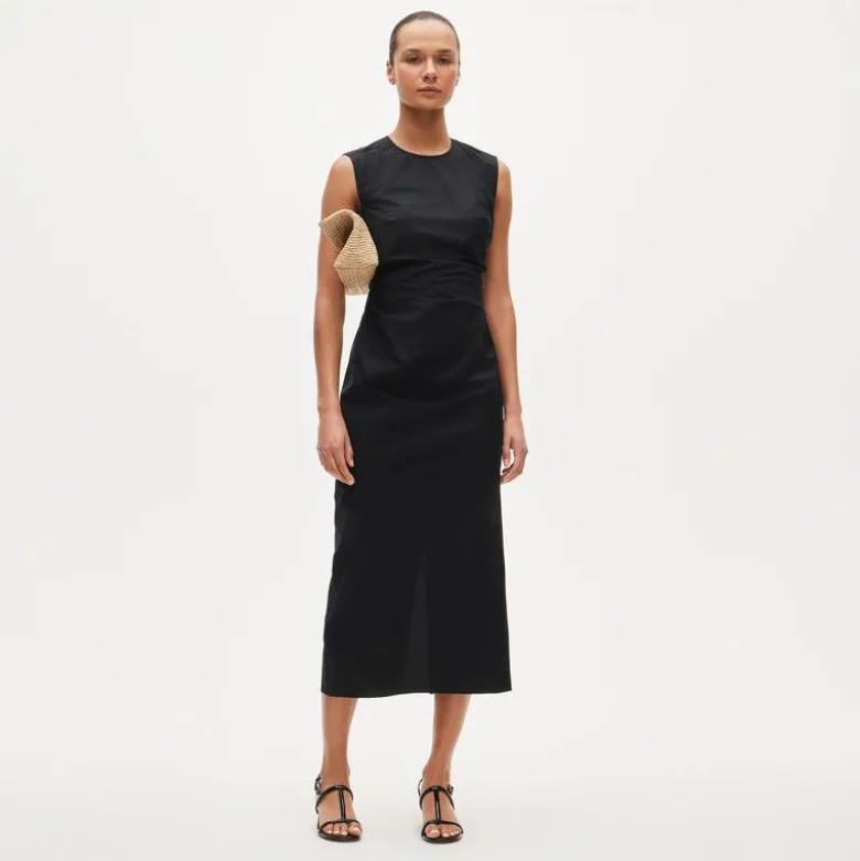 Petite ruched midi dress in stretch cotton-blend poplin