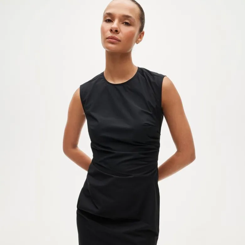 Petite ruched midi dress in stretch cotton-blend poplin