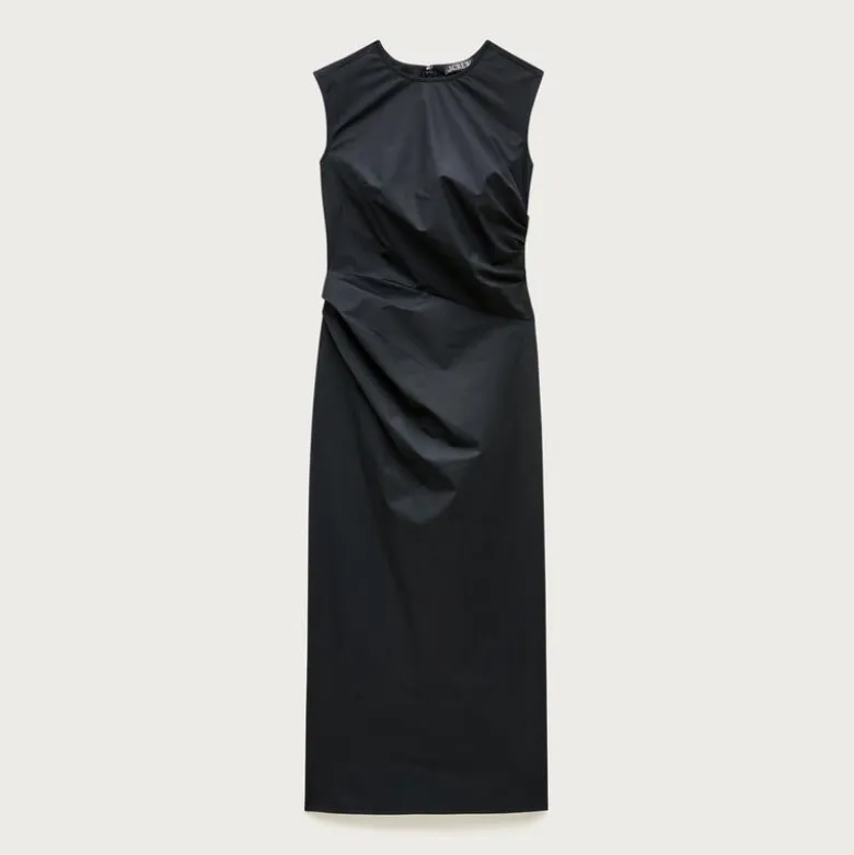 Petite ruched midi dress in stretch cotton-blend poplin