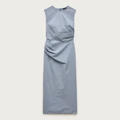 Petite ruched midi dress in stretch cotton-blend poplin