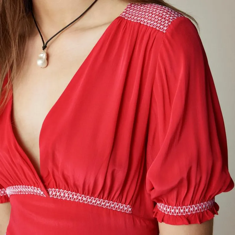 Petite smocked-trim maxi dress in crepe de chine