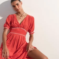 Petite smocked-trim maxi dress in crepe de chine