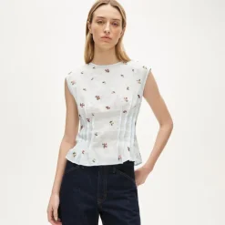 Pintuck shell top in ramie with embroidered florals