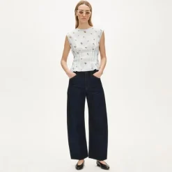 Pintuck shell top in ramie with embroidered florals
